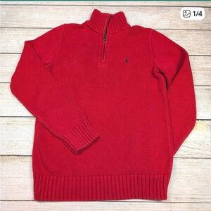 Vintage Polo Ralph Lauren Quarter Zip Pullover Red Cotton Sweater Kids Size L